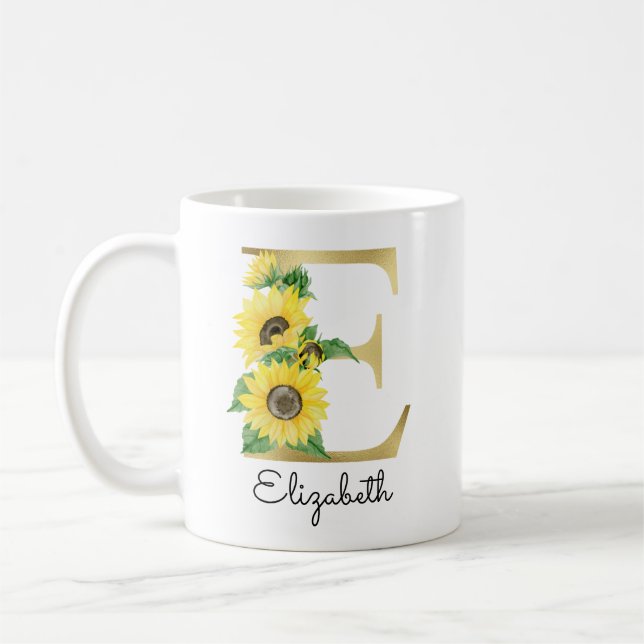 Monogram Gold Sunflower Girly Floral Initial E Coffee Mug (Left)