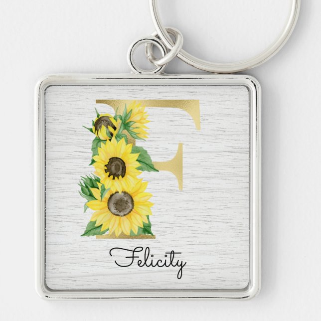 Monogram Gold Sunflower Girly Floral Initial F Key Ring (Front)