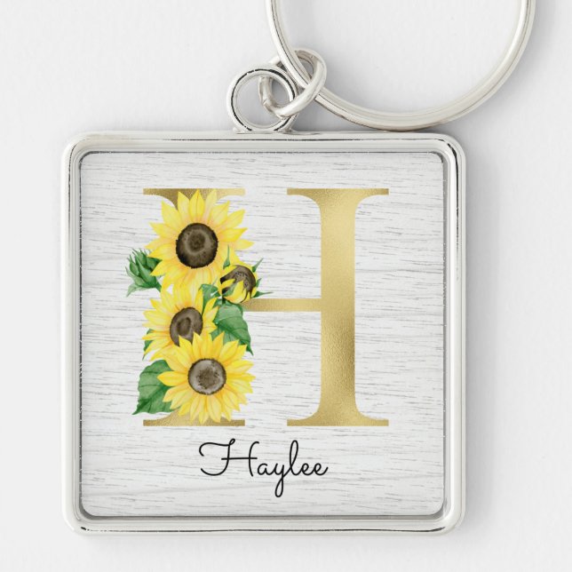 Monogram Gold Sunflower Girly Floral Initial H Key Ring (Front)
