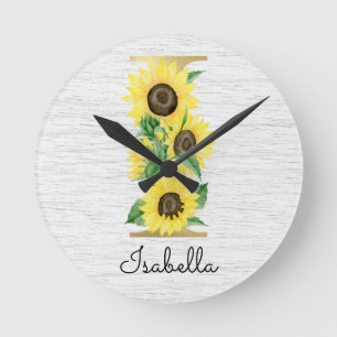 Monogram Gold Sunflower Girly Floral Initial I Round Clock