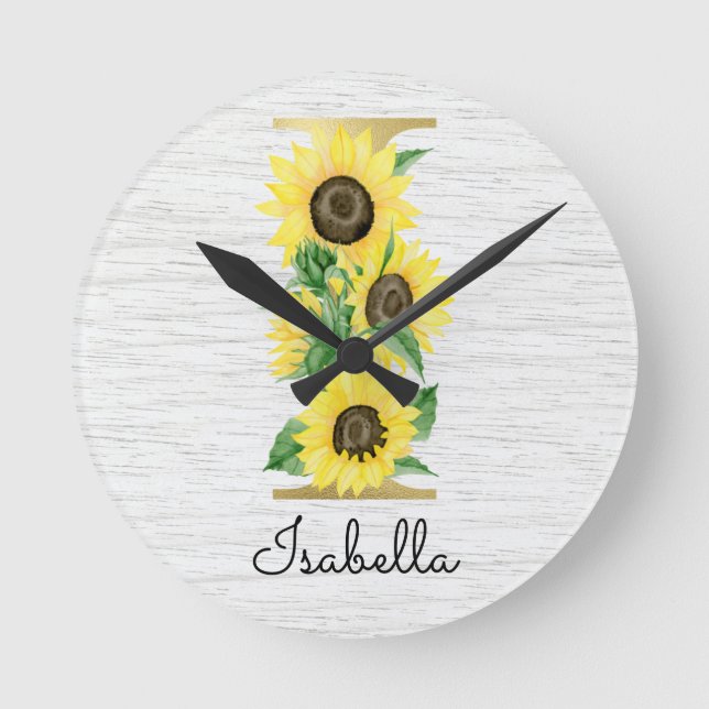 Monogram Gold Sunflower Girly Floral Initial I Round Clock (Front)