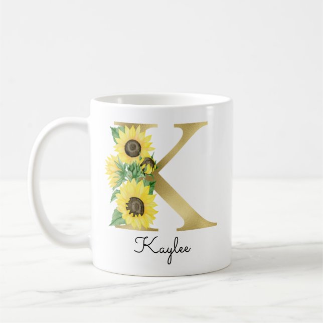Monogram Gold Sunflower Girly Floral Initial K Coffee Mug (Left)