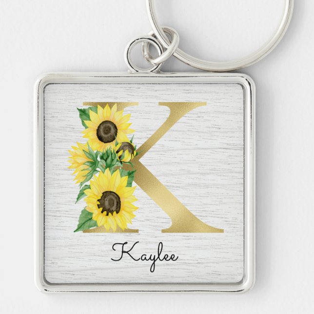 Monogram Gold Sunflower Girly Floral Initial K Key Ring (Front)