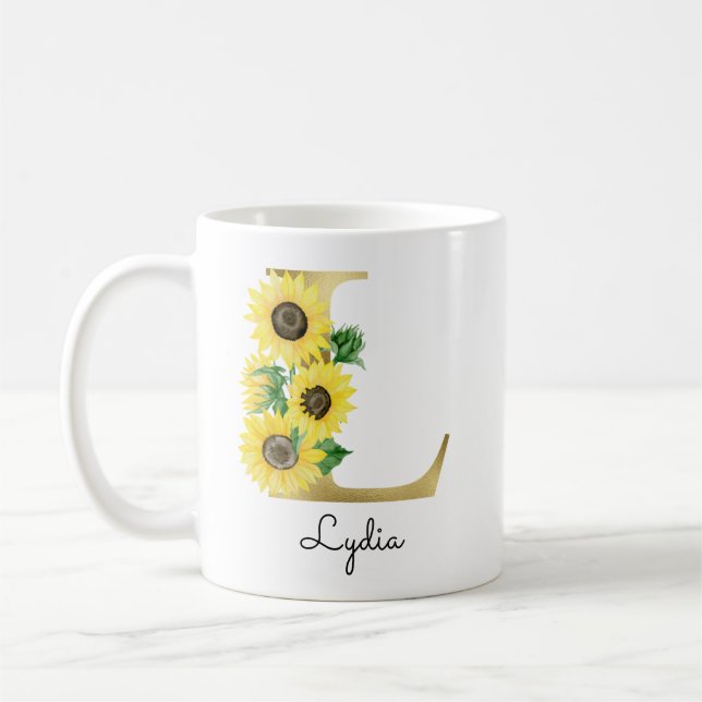 Monogram Gold Sunflower Girly Floral Initial L Coffee Mug (Left)