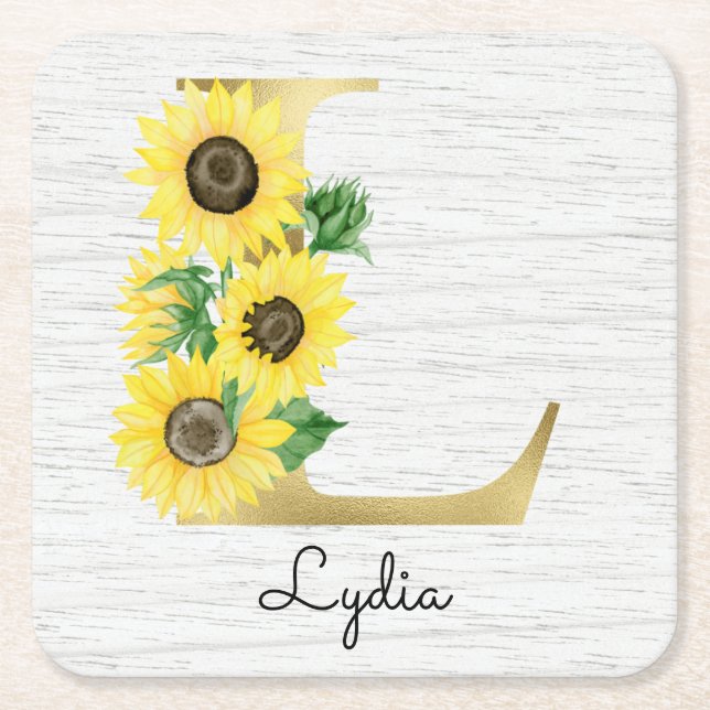 Monogram Gold Sunflower Girly Floral Initial L Square Paper Coaster (Front)