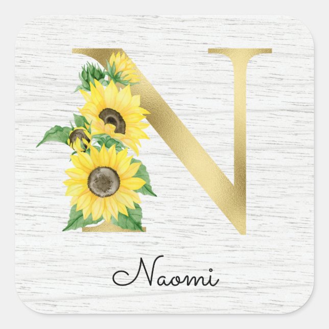 Monogram Gold Sunflower Girly Floral Initial N Square Sticker (Front)
