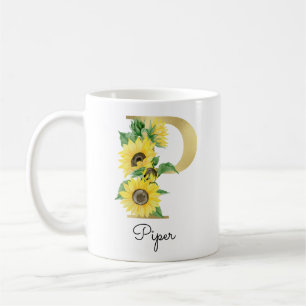 Monogram Gold Sunflower Girly Floral Initial P Coffee Mug