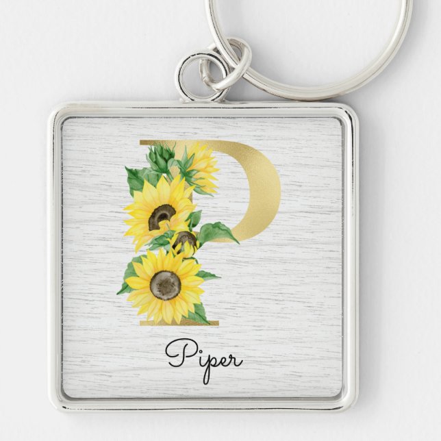 Monogram Gold Sunflower Girly Floral Initial P Key Ring (Front)