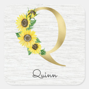Monogram Gold Sunflower Girly Floral Initial Q Square Sticker