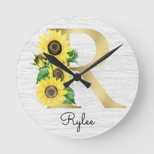 Monogram Gold Sunflower Girly Floral Initial R Round Clock