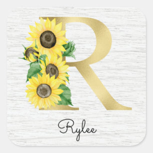 Monogram Gold Sunflower Girly Floral Initial R Square Sticker
