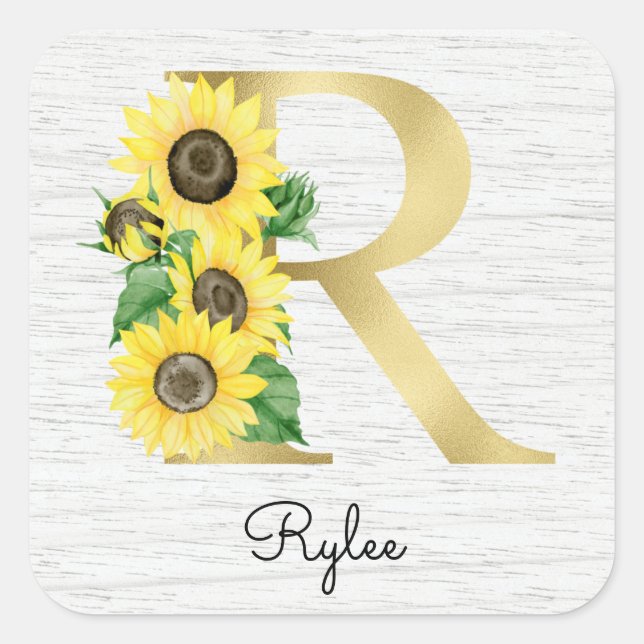 Monogram Gold Sunflower Girly Floral Initial R Square Sticker (Front)