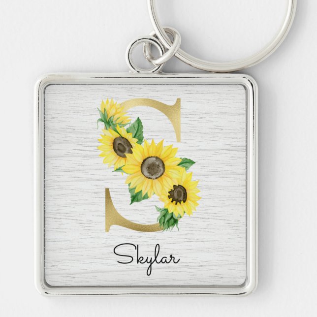 Monogram Gold Sunflower Girly Floral Initial S Key Ring (Front)