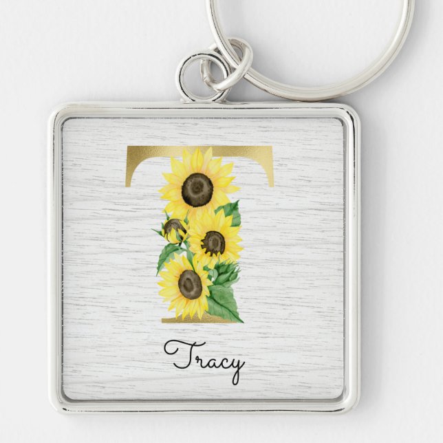 Monogram Gold Sunflower Girly Floral Initial T Key Ring (Front)