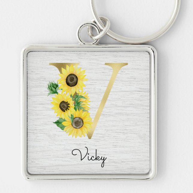 Monogram Gold Sunflower Girly Floral Initial V Key Ring (Front)