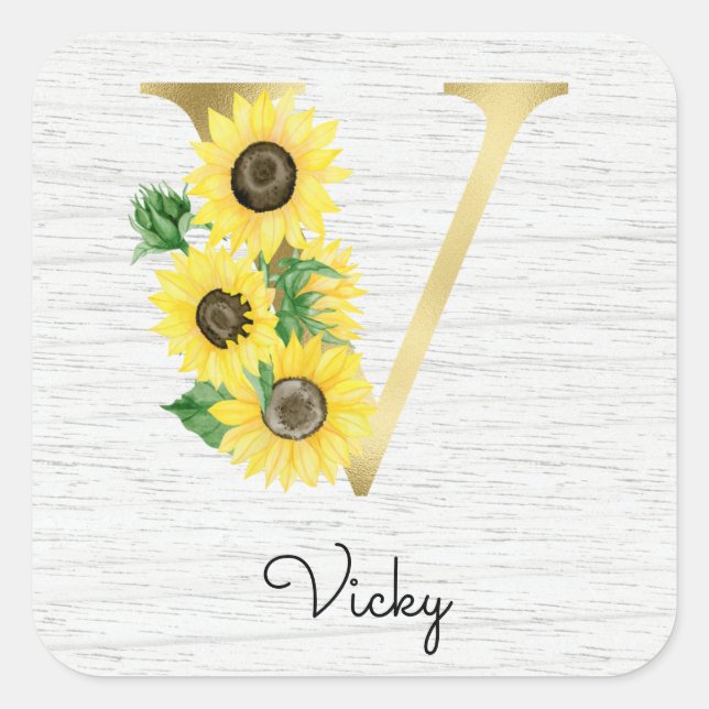 Monogram Gold Sunflower Girly Floral Initial V Square Sticker (Front)