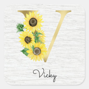 Monogram Gold Sunflower Girly Floral Initial V Square Sticker