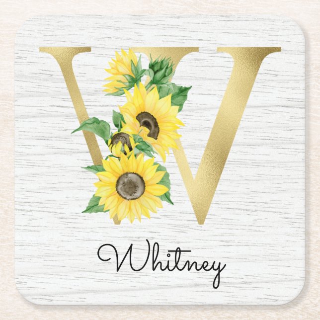 Monogram Gold Sunflower Girly Floral Initial W Square Paper Coaster (Front)