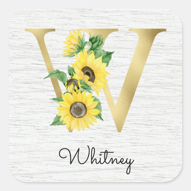 Monogram Gold Sunflower Girly Floral Initial W Square Sticker (Front)