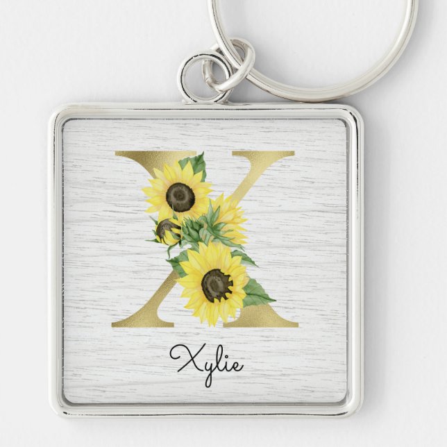 Monogram Gold Sunflower Girly Floral Initial X Key Ring (Front)
