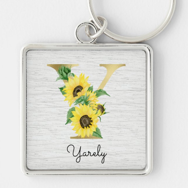 Monogram Gold Sunflower Girly Floral Initial Y Key Ring (Front)