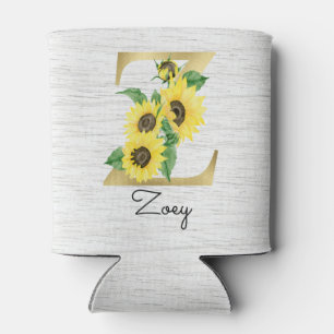 Monogram Gold Sunflower Girly Floral Initial Z Can Cooler