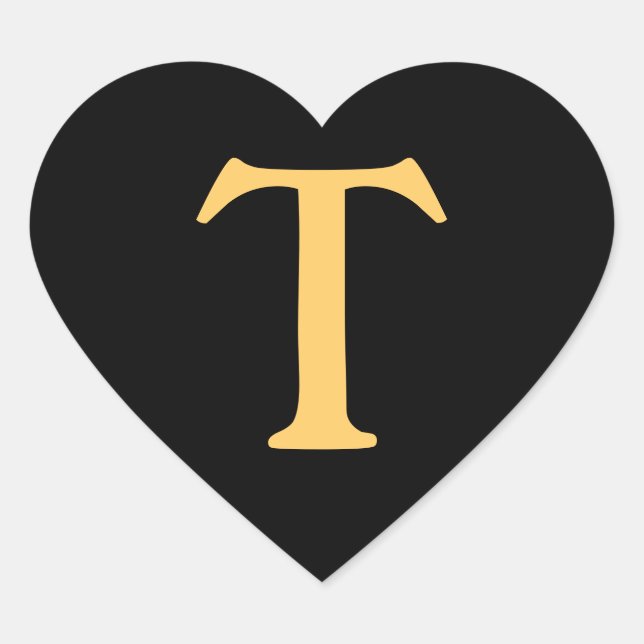 Monogram gold T on black background Heart Sticker (Front)