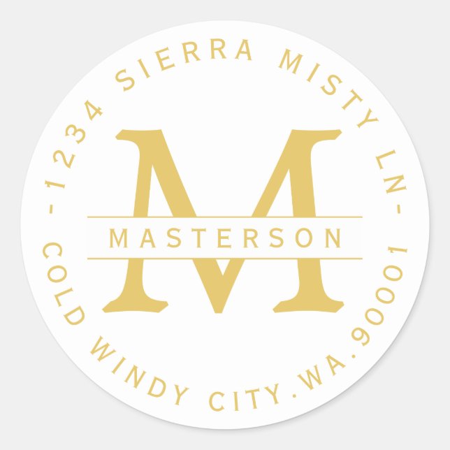 Monogram Gold Text Circular Return Address Label (Front)