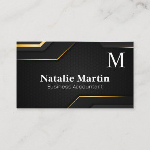 Monogram   Gold Trim   Black Sleek Background  Business Card