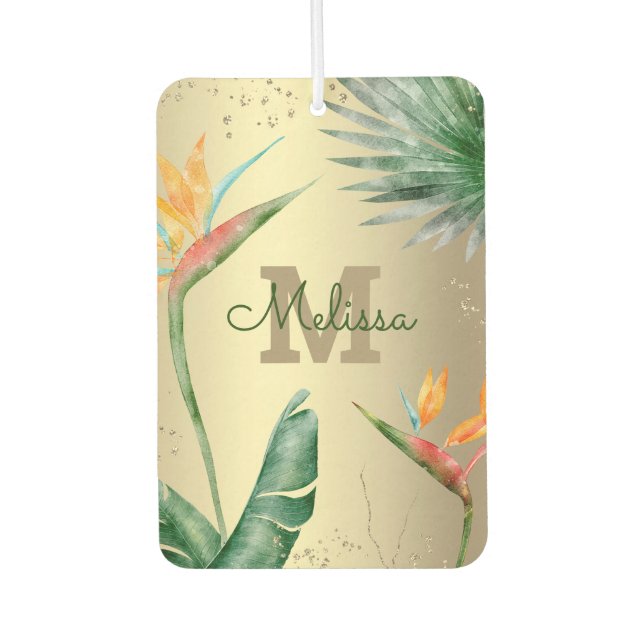 Monogram Gold Tropical Palm Foliage Floral Script Car Air Freshener (Front)