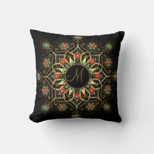 Monogram Gold Turquiose Red Mandala Jewel  Cushion