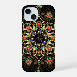 Monogram Gold Turquiose Red Mandala Jewel  iPhone 15 Case