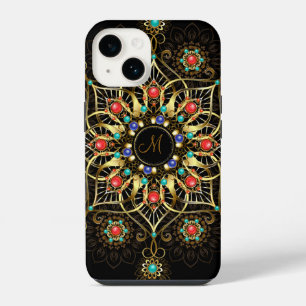 Monogram Gold Turquiose Red Mandala Jewel  iPhone 14 Case