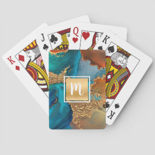 Monogram gold turquoise orange marble watercolor  playing cards