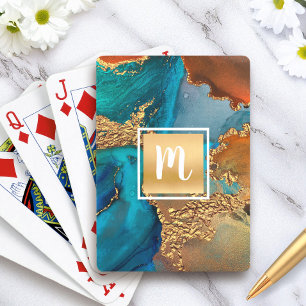 Monogram gold turquoise orange marble watercolor playing cards