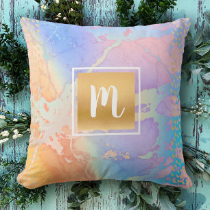 Monogram gold turquoise pink marble watercolor cushion