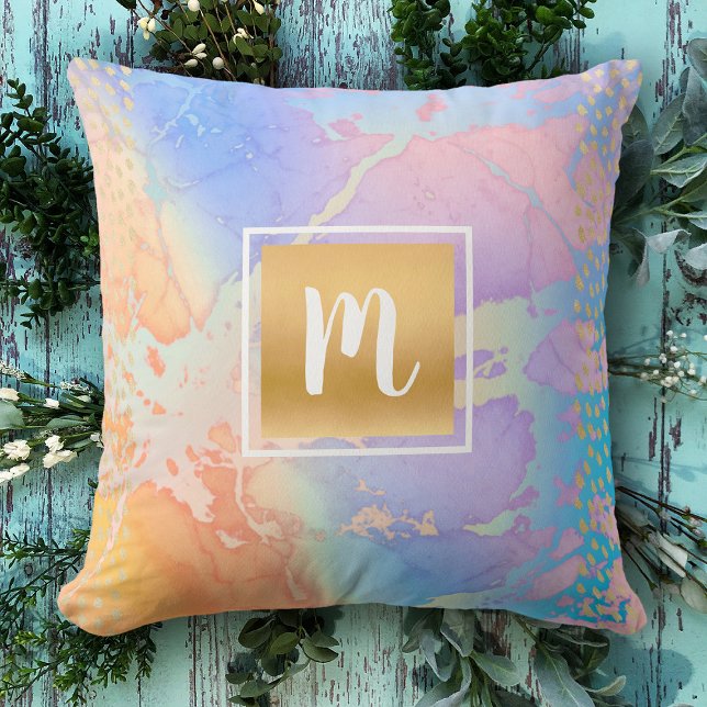 Monogram gold turquoise pink marble watercolor cushion (Creator Uploaded)