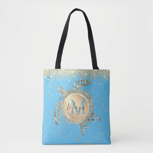 Monogram Gold Turtle Glitter Personalised Tote Bag (Front)