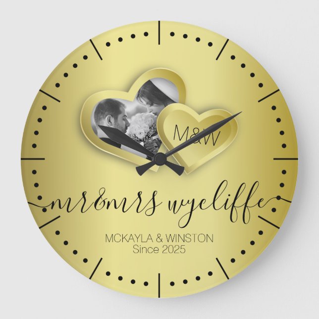 Monogram Gold Valentine Paper Cutout Hearts Photo Large Clock (Front)