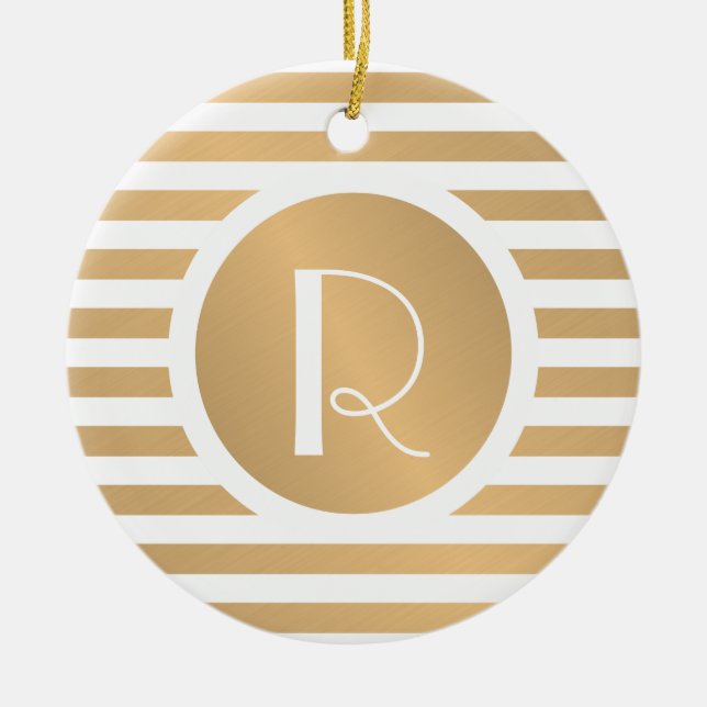 Monogram Gold & White Stripes Circular Ceramic Ornament (Front)