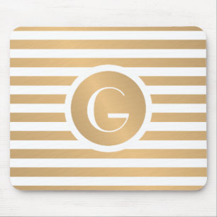 Monogram Gold & White Stripes Mouse Pad
