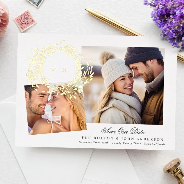 Monogram Gold Wreath Collage Photo Save The Date (Creator Uploaded)