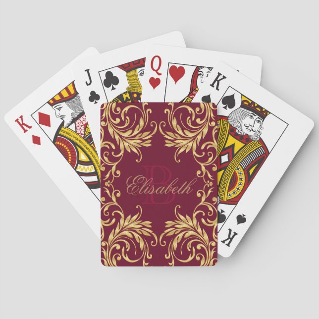 Monogram Golden Damask on Dark Red Playing Cards (Back)