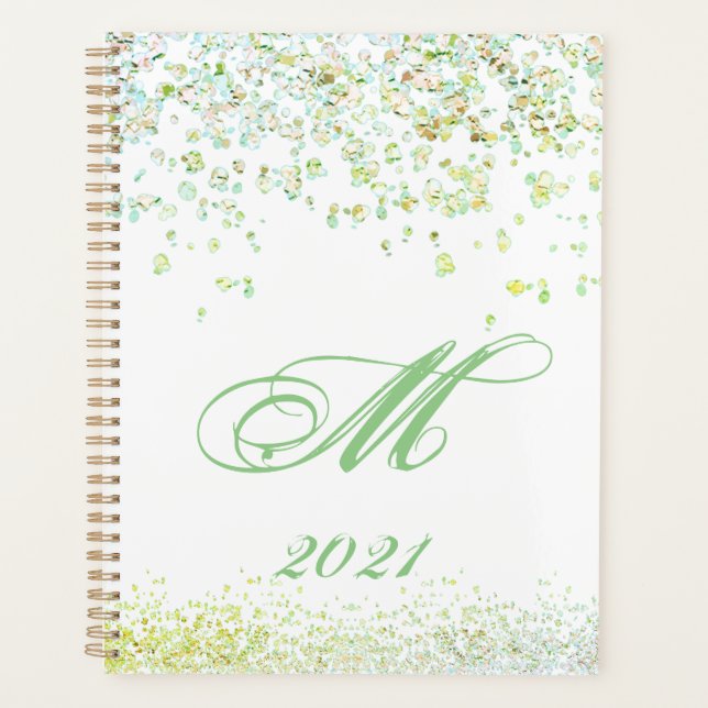 Monogram Golden & Green Sparkles  2021 Planner (Front)
