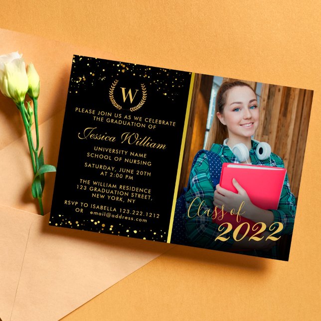 Monogram Golden Laurel Wreath Glitter Graduation Invitation (Creator Uploaded)