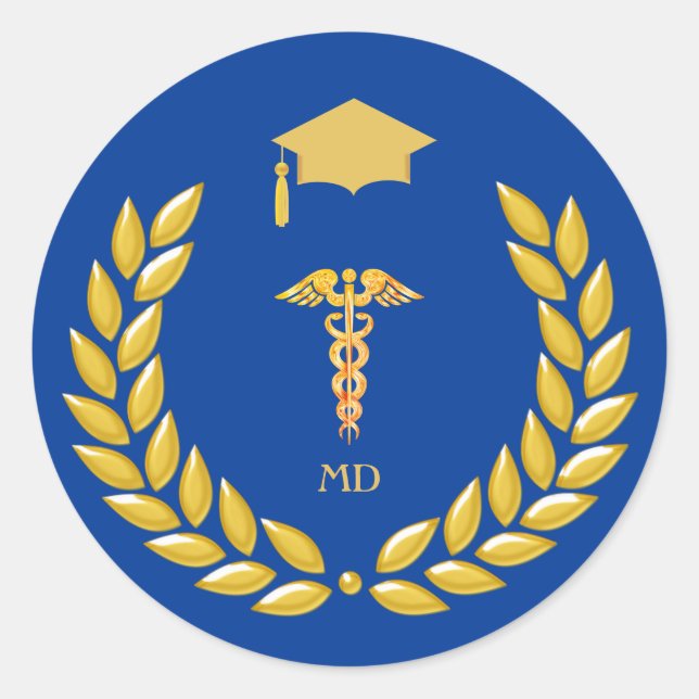 Monogram & Golden Medical Doctor Graduation Classic Round Sticker (Front)