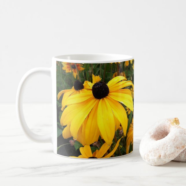 Monogram Golden Rudbeckia Black Eyed Susan Flowers Coffee Mug (With Donut)