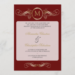 Monogram Golden Swirls Elegant Red Wedding Invitation