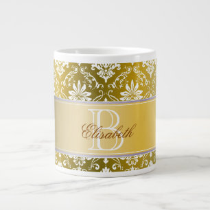 Monogram Golden Yellow and White Damask Large Coffee Mug