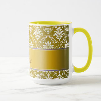 Monogram Golden Yellow and White Damask Mug